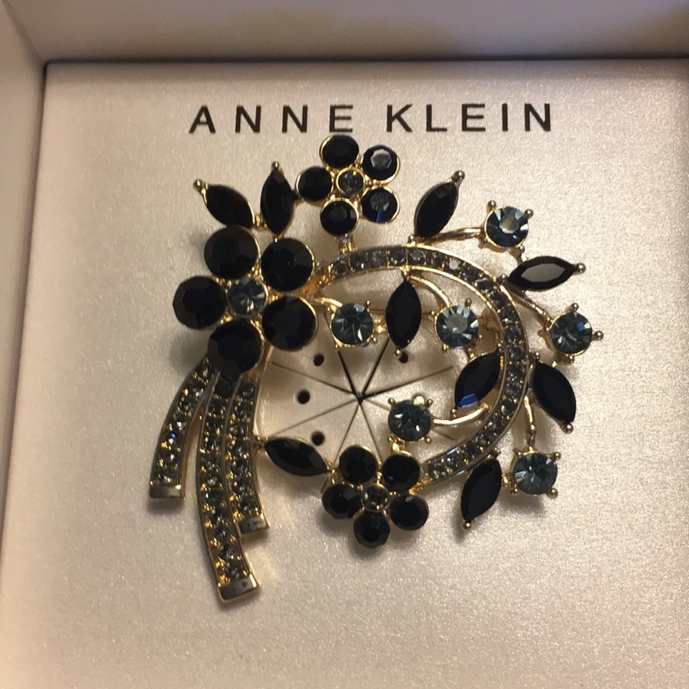 Anne Klein Black , Blue and Gold Crystal Brooch